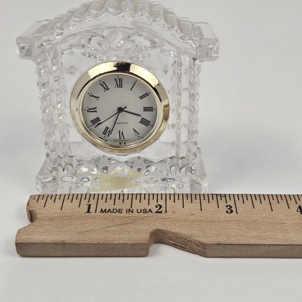 Vintage 24% Lead Crystal Miniature Mantel Clock Quartz Japan Movt Gold Tone Trim